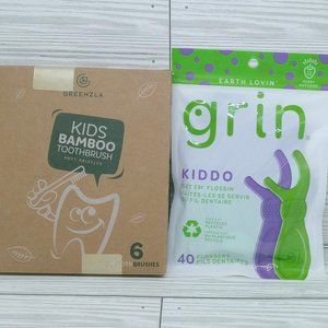 Greenzla Kids Bamboo Toothbrush 6 Pack & Grin Kiddo Flossers